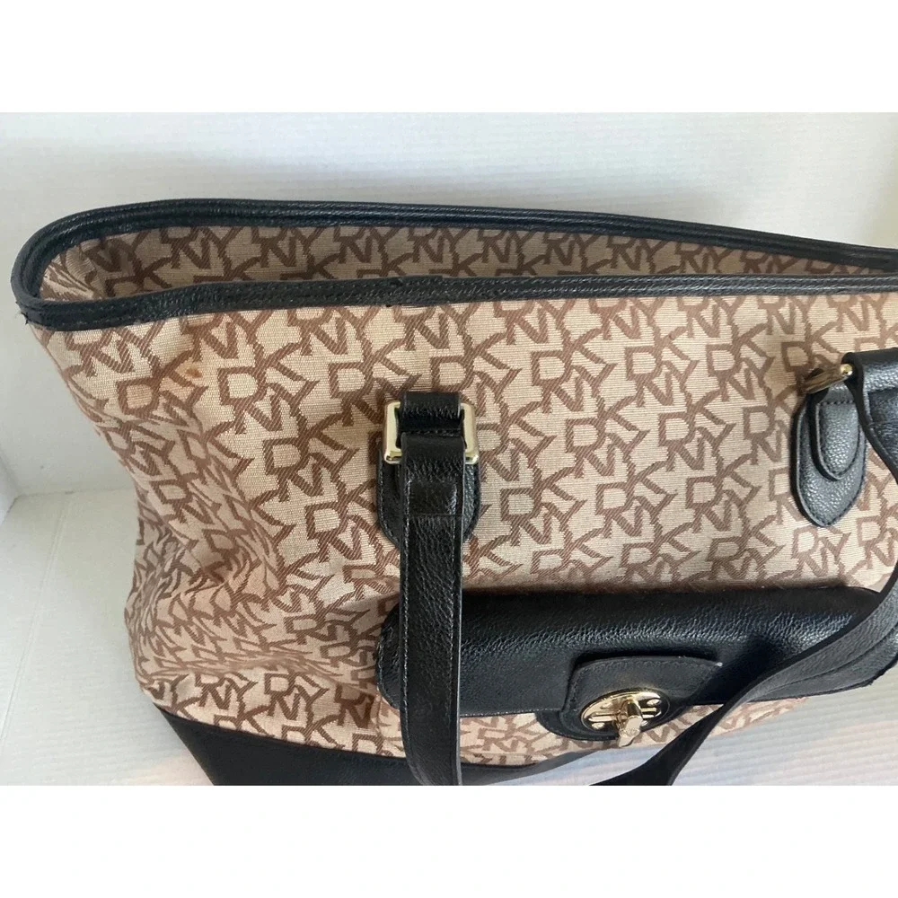 DKNY Tote Bag Monogram Logo Canvas Black Leather Trim Large Shoulder Bag Handbag
